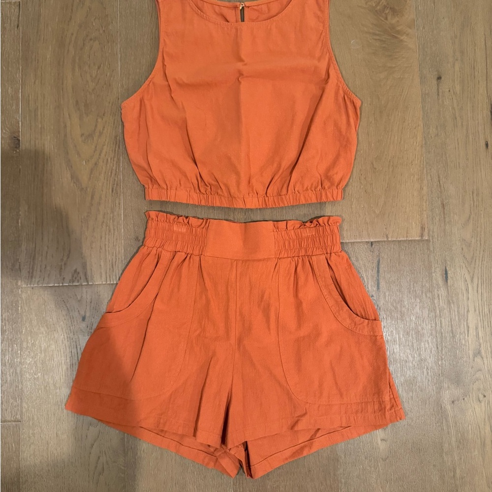 Orange Sleeveless Crop Top and Shorts Set